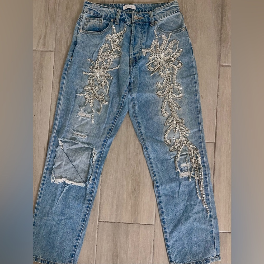 Embellished Bejeweled Blue Ripped Jeans